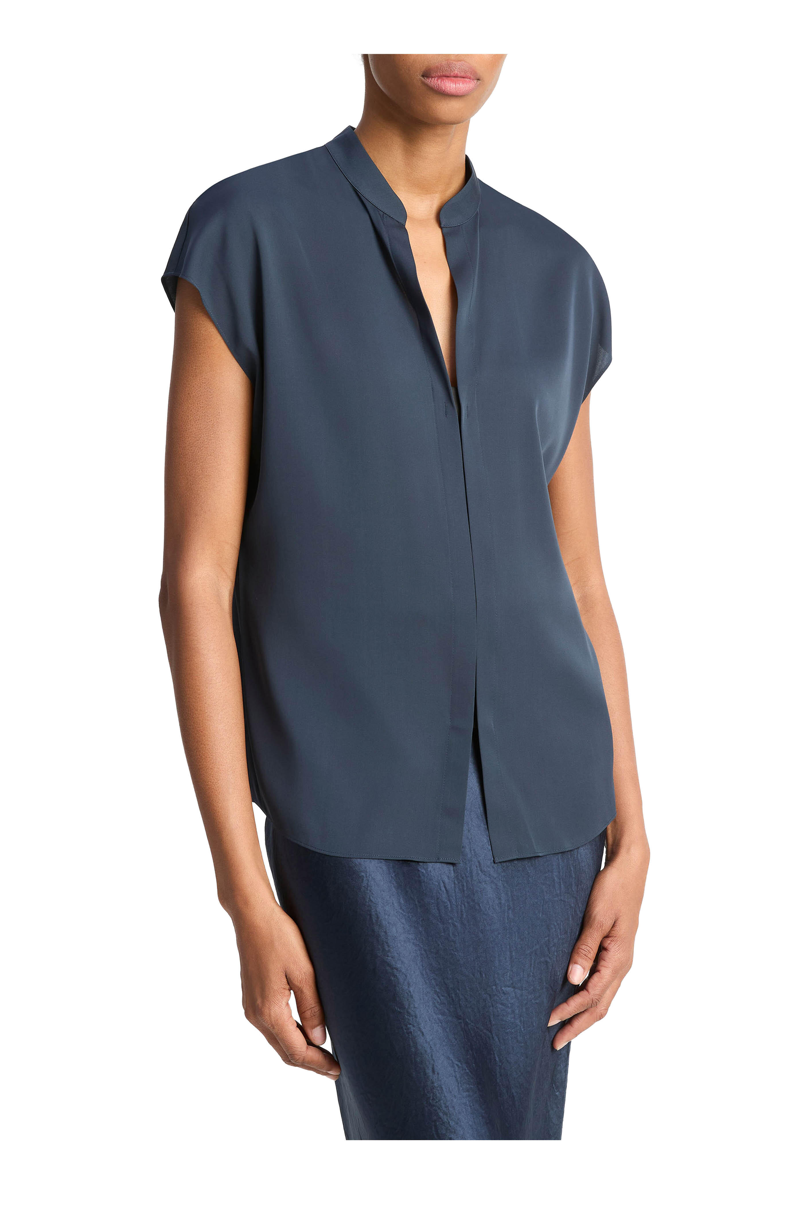 Vince - Blue Contrast Placket Silk Cap Sleeve Blouse