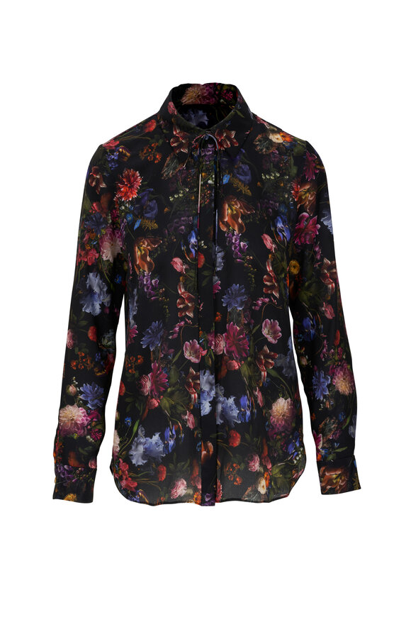 Adam Lippes - Black Floral Crepe de Chine Thin Bow Blouse