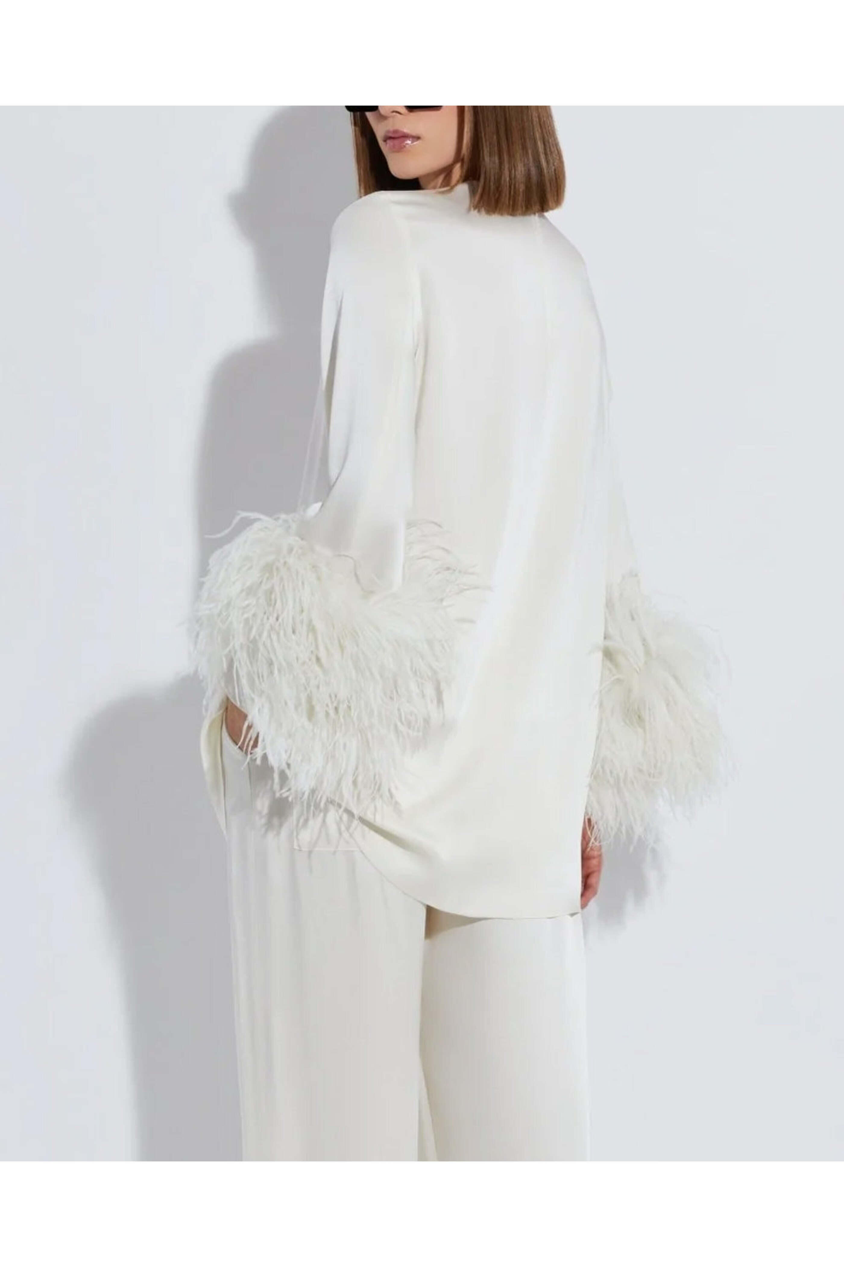 LaPointe - Cream Satin Ostrich Feather Shift Dress