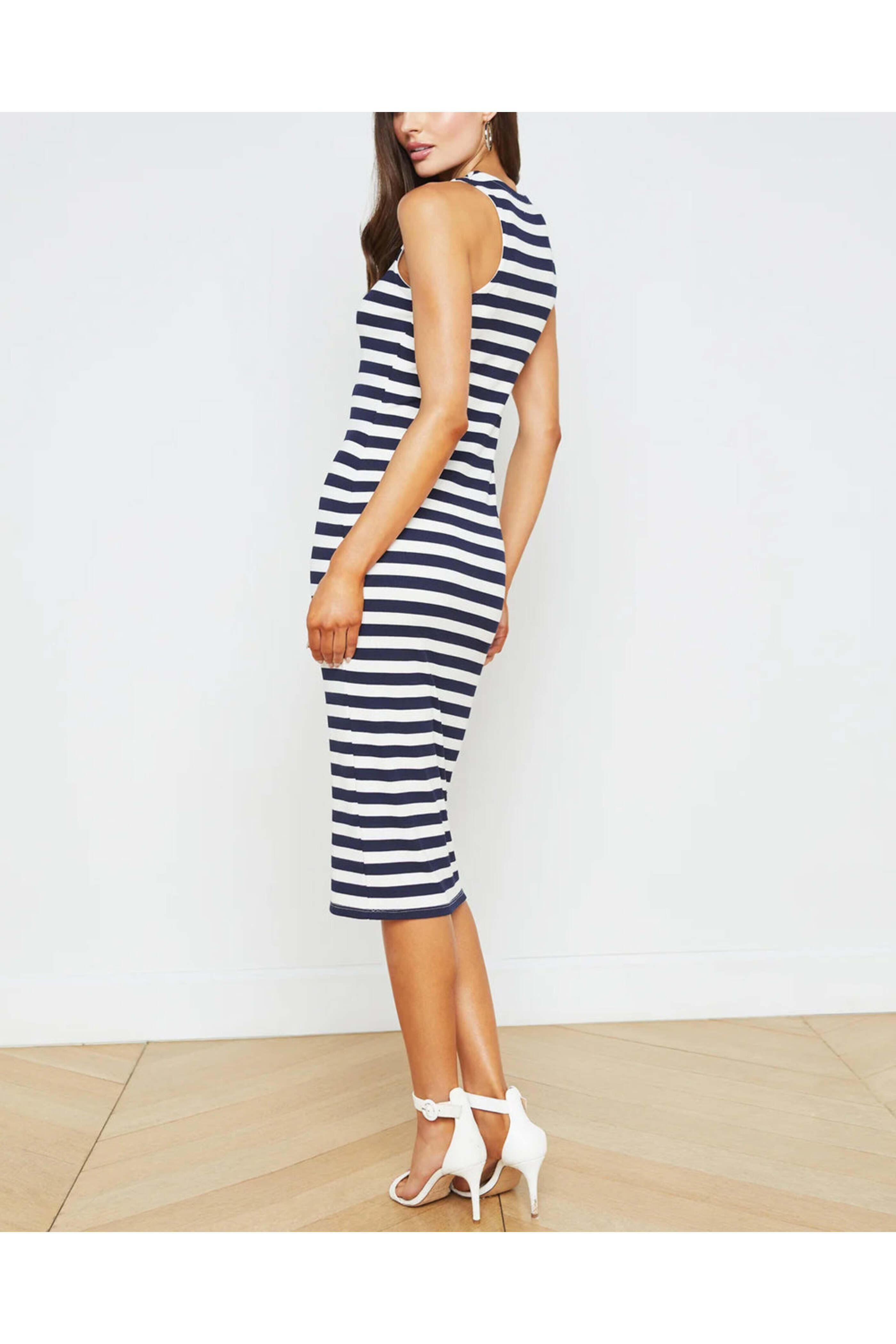 L'Agence - Navy and White Stripe Nura Midi Dress