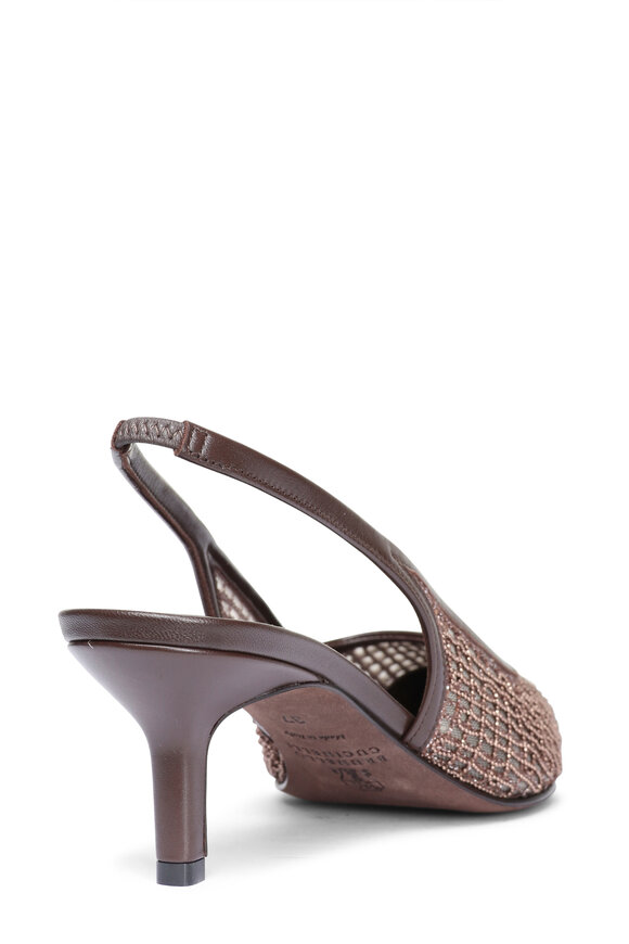 Brunello Cucinelli Embroidery Dark Brown Net City Slingback, 55mm - view 3