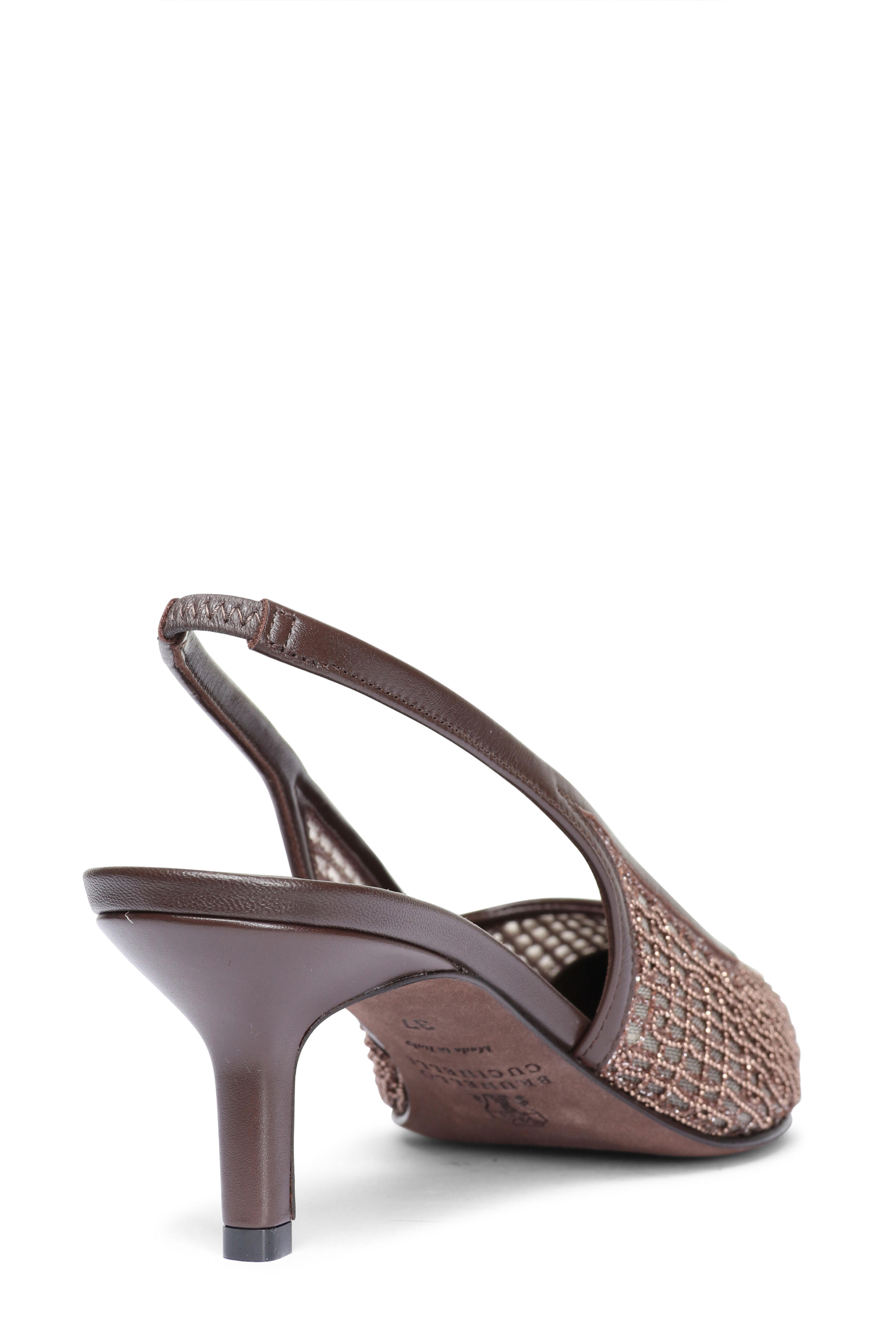 Brunello Cucinelli - Embroidery Dark Brown Net City Slingback, 55mm