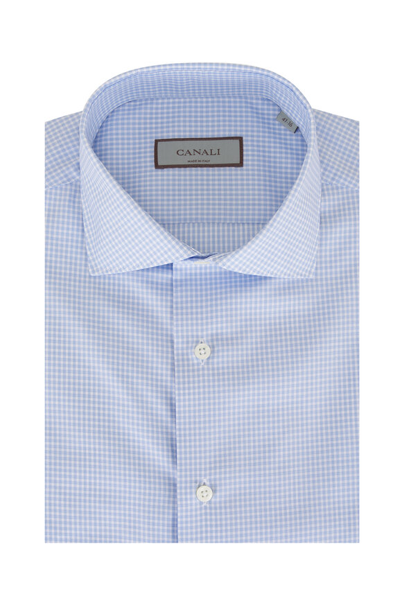 Canali Light Blue Check Cotton Dress Shirt