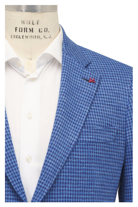 Isaia Blue Houndstooth Wool, Silk & Linen Sportcoat