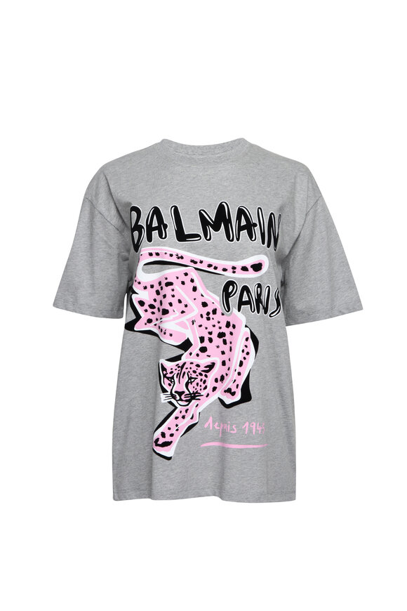 Balmain Gray & Pink Logo T-Shirt