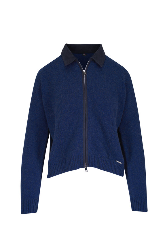 Kiton Navy Blue Zip Front Suede Collar Shirt - view 1