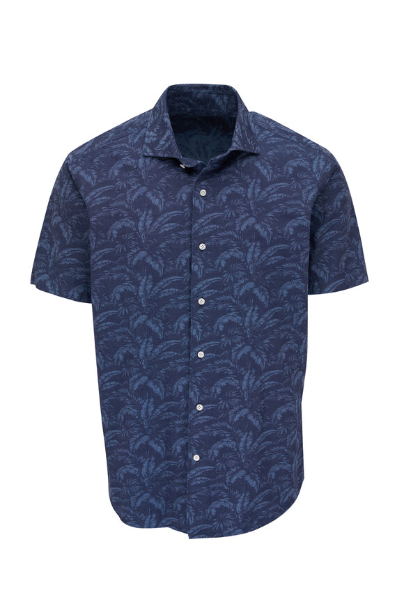 Peter Millar Indigo Palm Leaf Print Short Sleeve Shirt