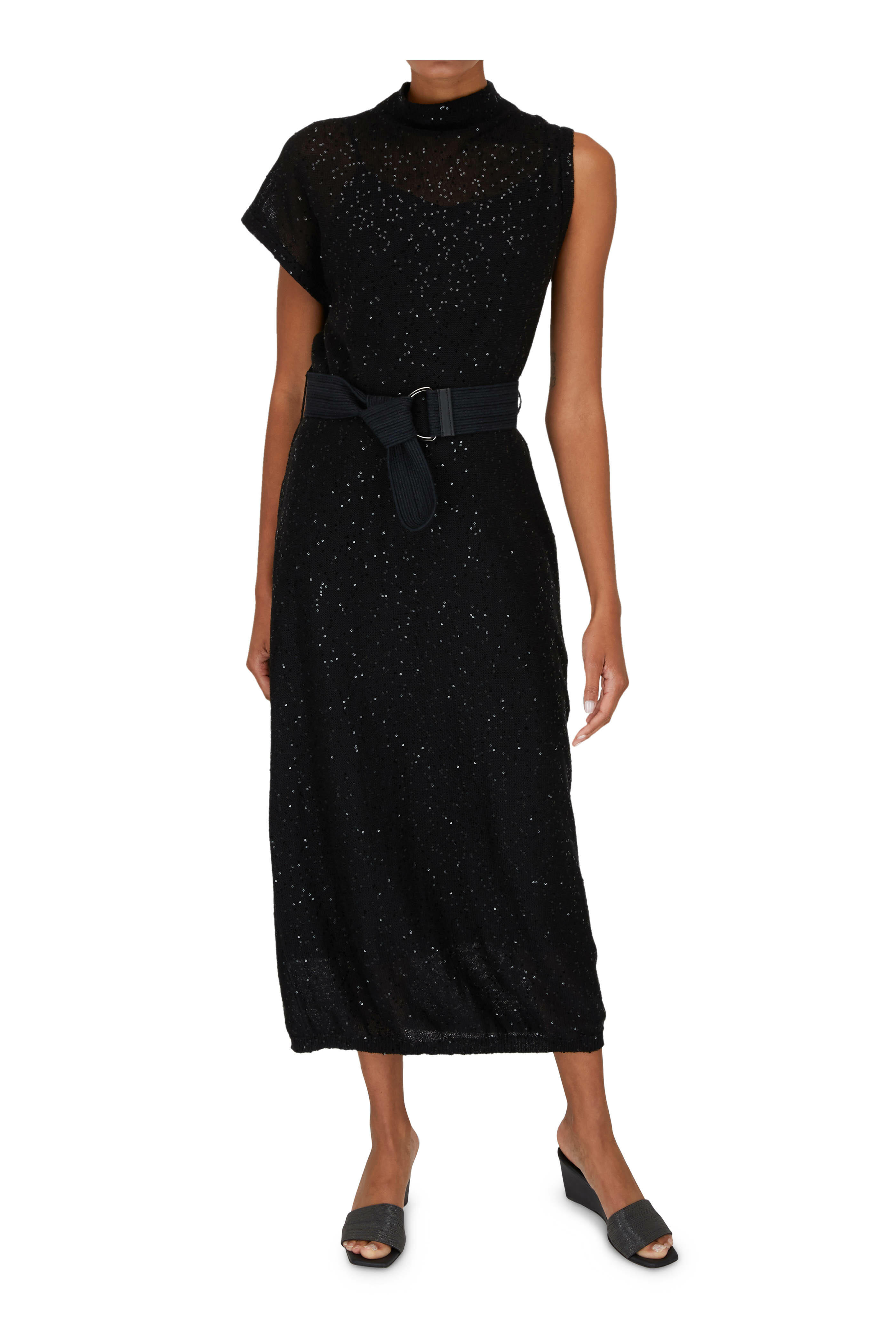 Brunello Cucinelli - Black Linen & Silk Paillette Mockneck Belted Dress