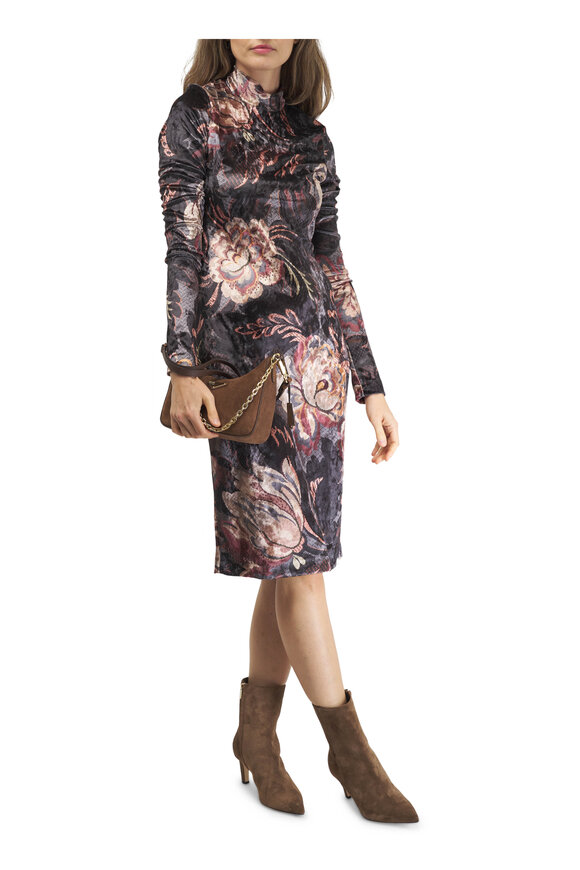 Etro - Gray Multi Velvet Print Midi Dress