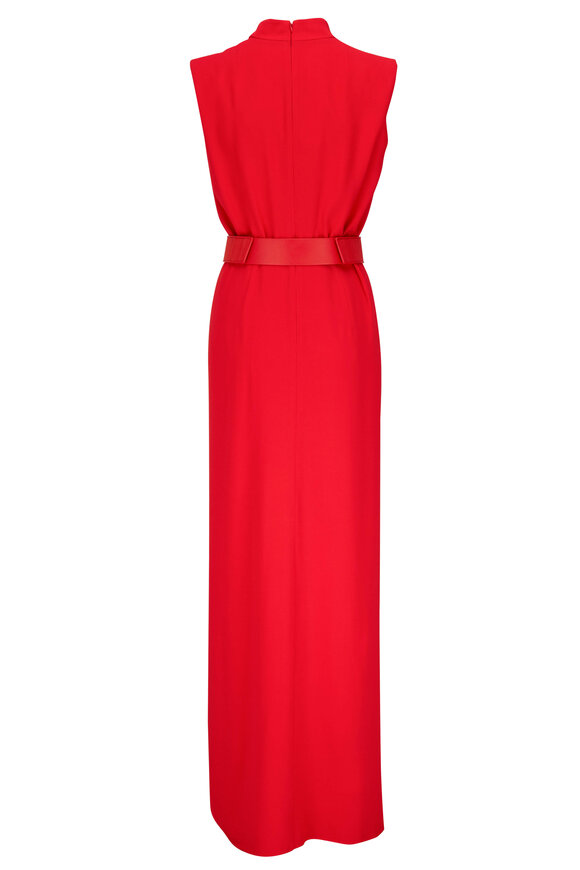 Akris - Red Belted Crepe Ruffle Front Gown