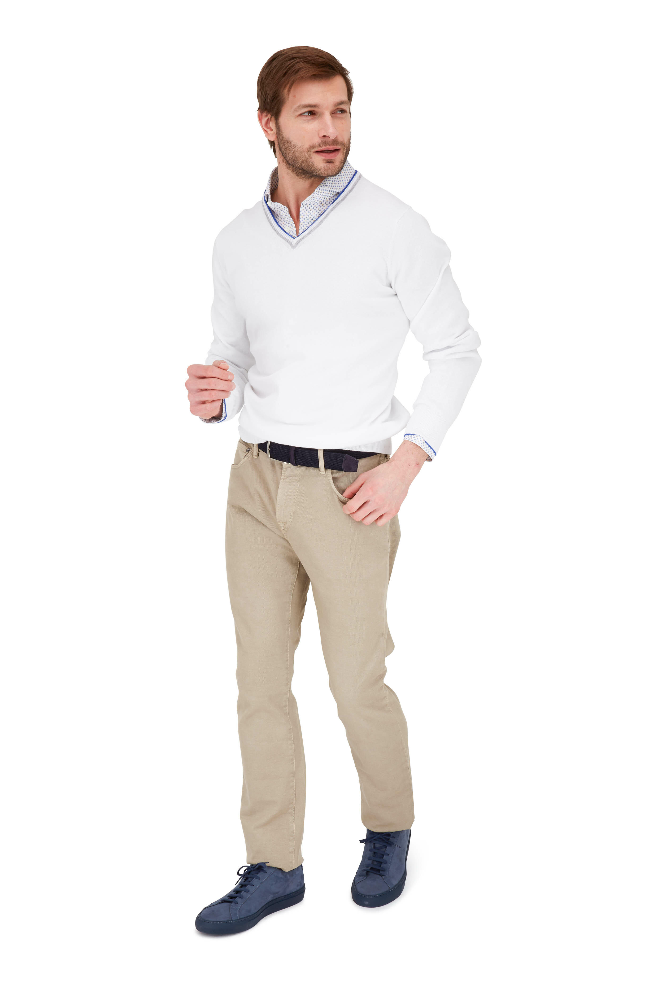 Eddy Monetti - White Cotton V-Neck Pullover