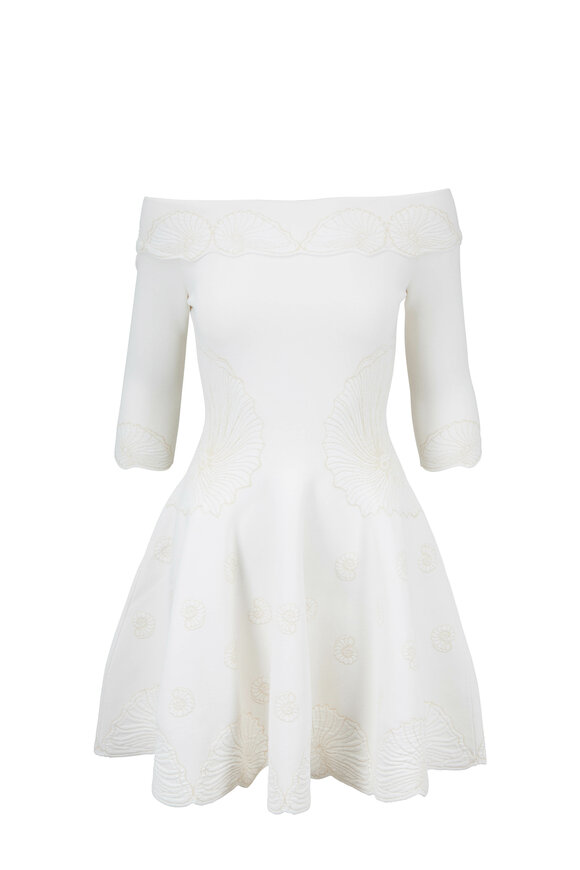 McQueen - Ivory Seashell Jacquard Off-The-Shoulder Dress