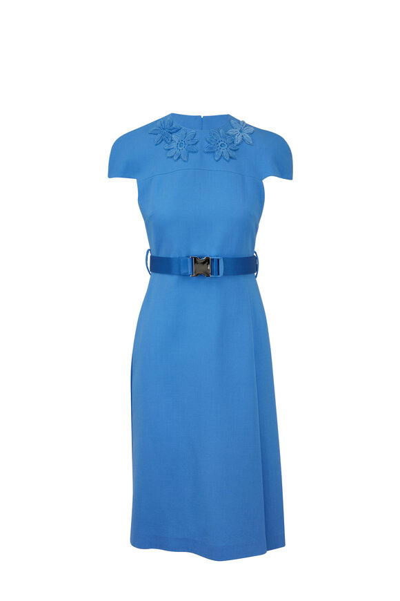 Fendi - Baby Blue Crêpe Mink Floral Detail Belted Dress