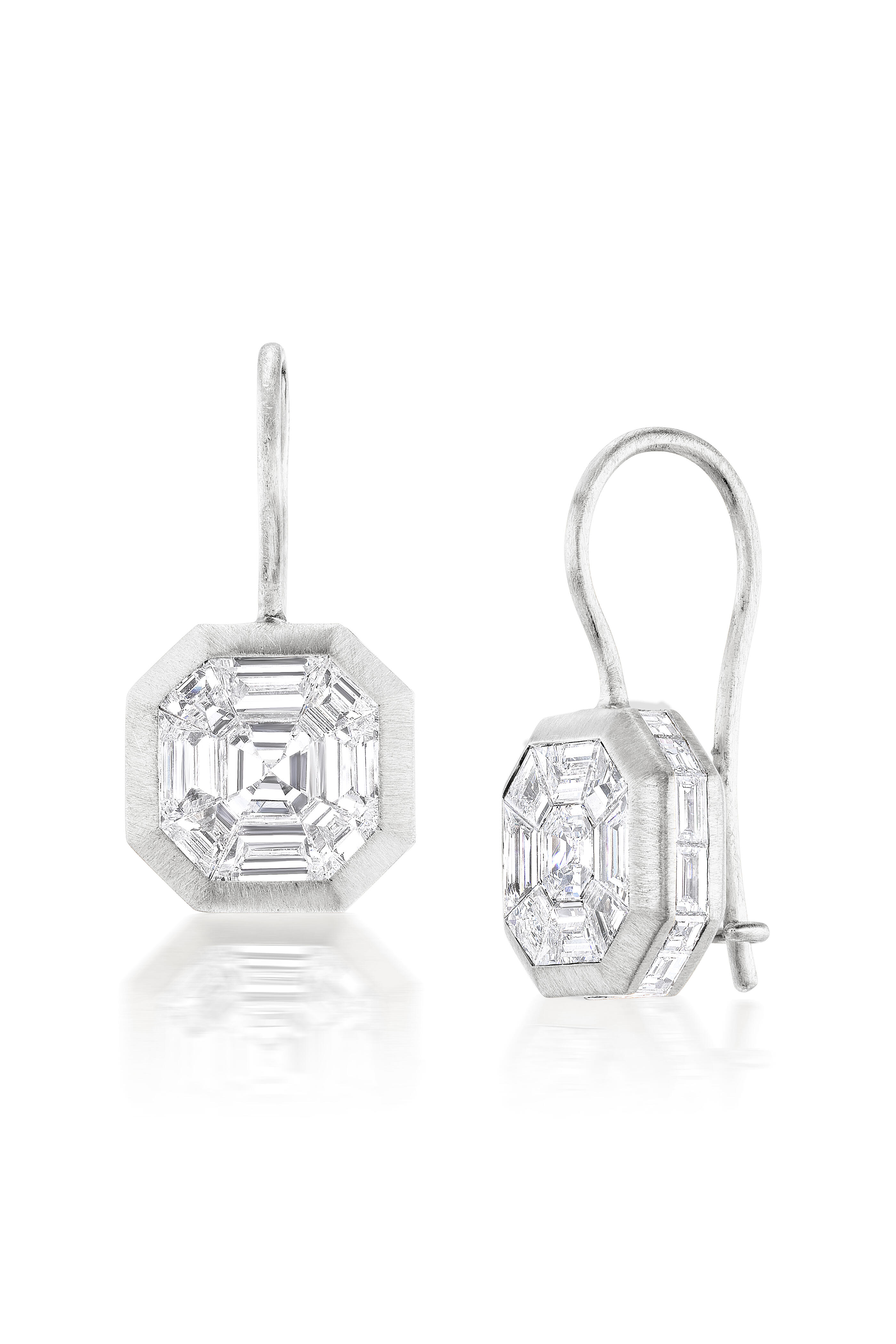 Nam Cho - 18k White Gold Diamond Mosaic Asscher Drop Earring