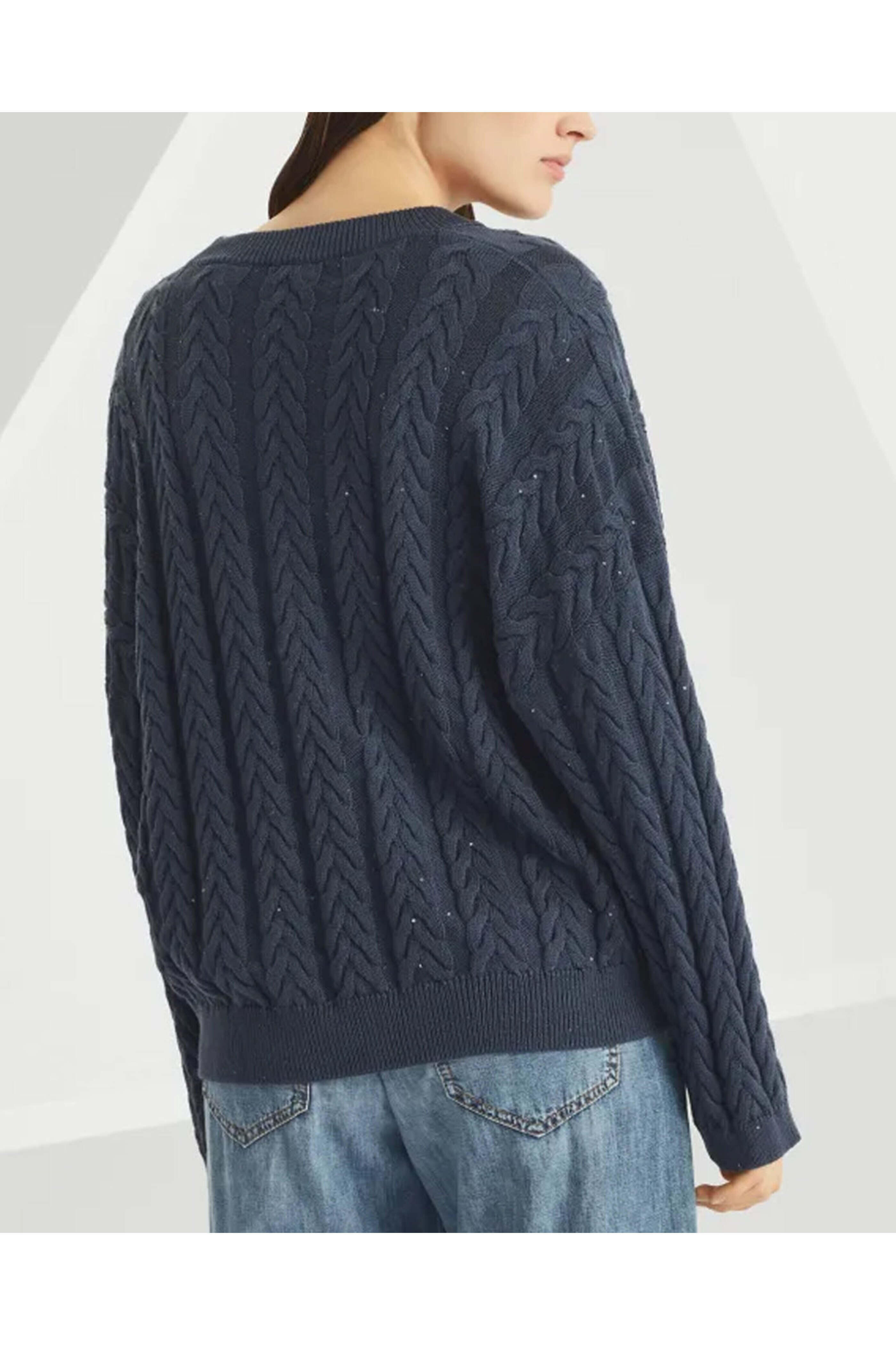 Brunello Cucinelli - Navy Double Cableknit V Neck Sweater