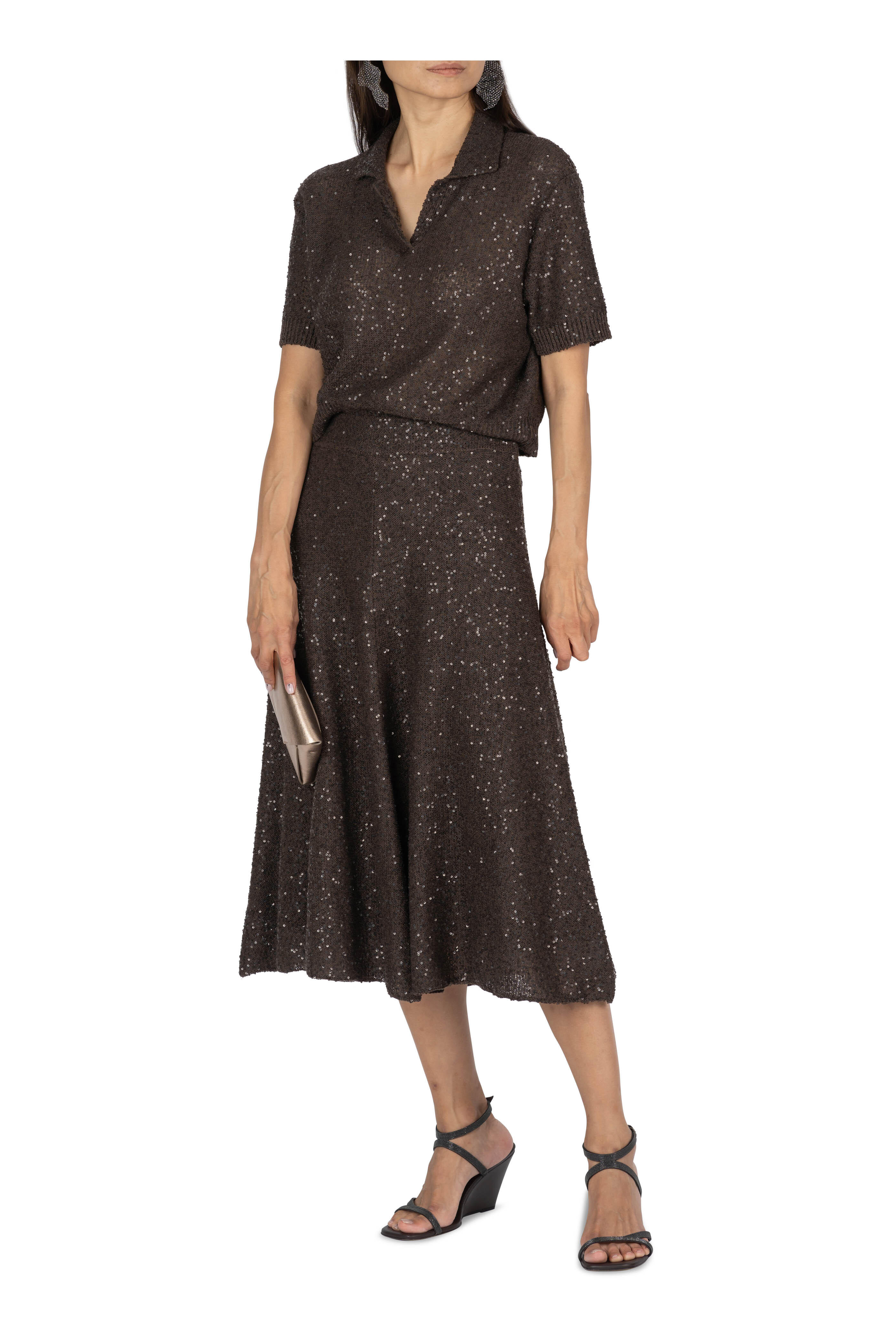 Brunello Cucinelli - Chocolate Linen, Cashmere, & Silk Paillette Skirt