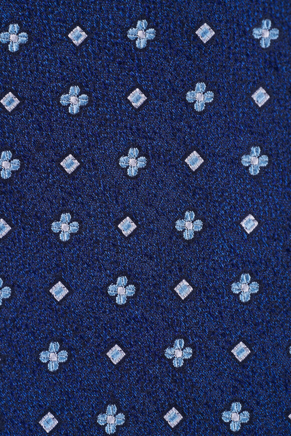 Kiton Navy Blue Geometric Print Silk Necktie - view 2