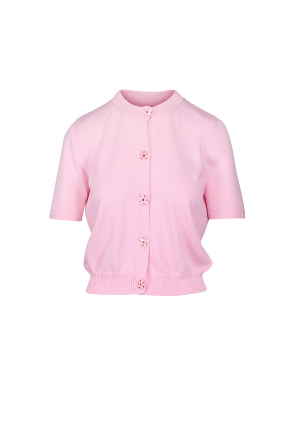 Oscar de la Renta Pink Flower-Button Crewneck Cardigan