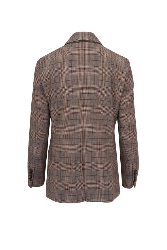 Brunello Cucinelli - Beige, Marrone & Black Plaid Single Button Jacket 