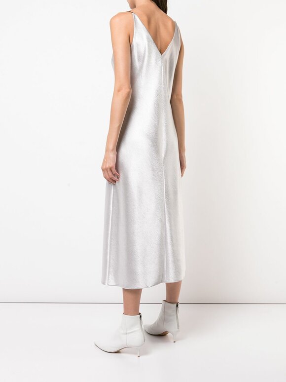 Vince - Metallic Silver Satin V-Neck Midi Slip Dress