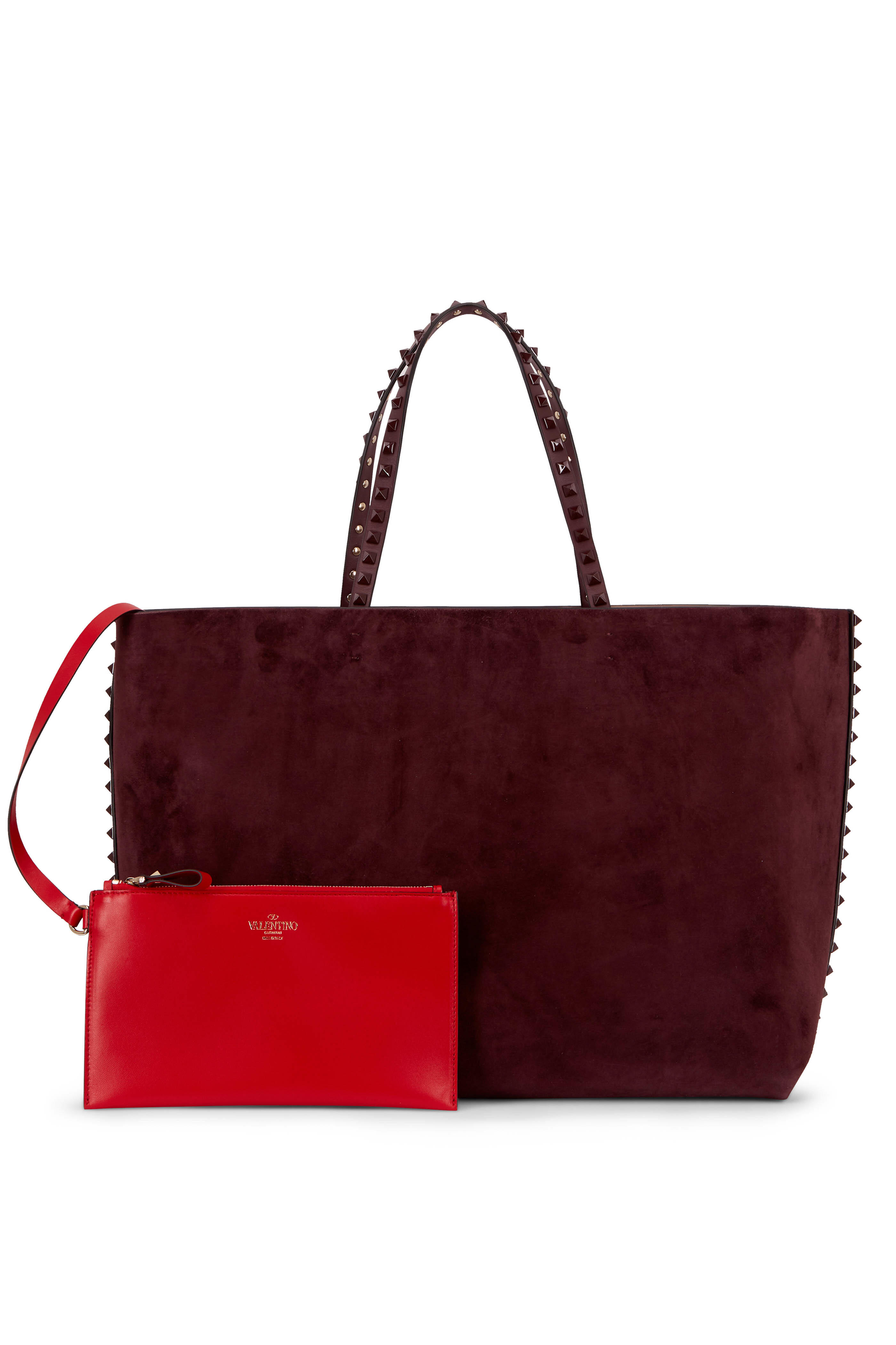 Valentino Red Calfskin Leather Rockstud Double Handle Tote Bag