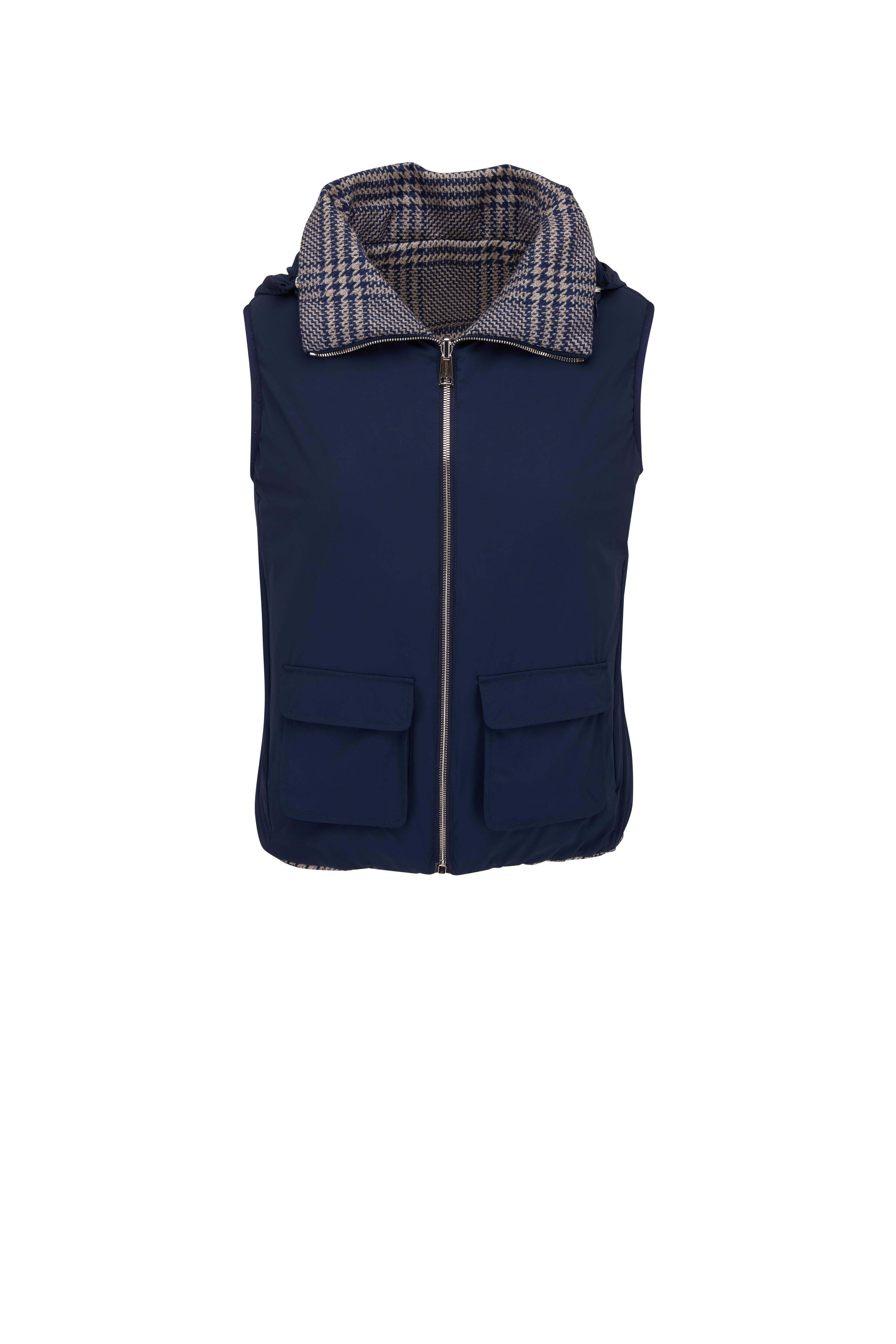 Kiton - Navy Blue Herringbone Reversible Vest