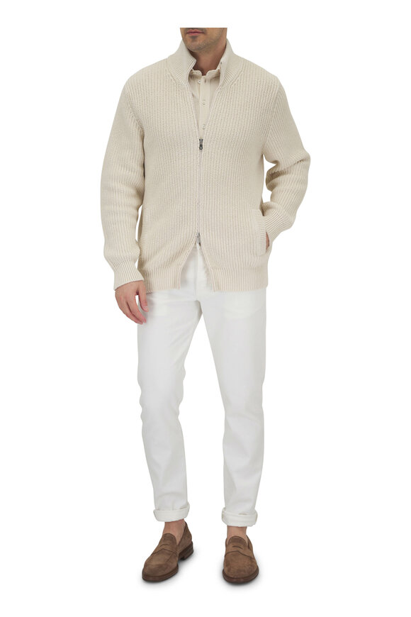 Brunello Cucinelli - Off White Cotton Ribbed Full Zip Sweater