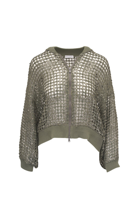 Brunello Cucinelli Paillette Eucalyptus Linen Open-Knit Zip Cardigan
