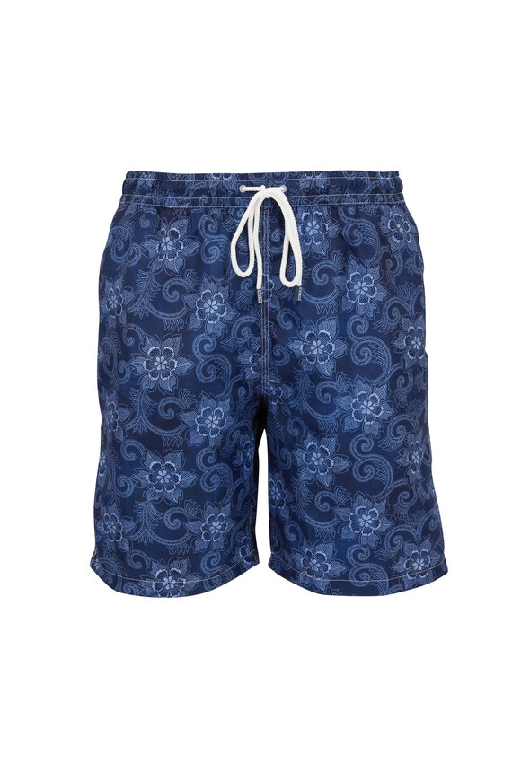 Fedeli Navy Floral Paisley Print Swim Trunks