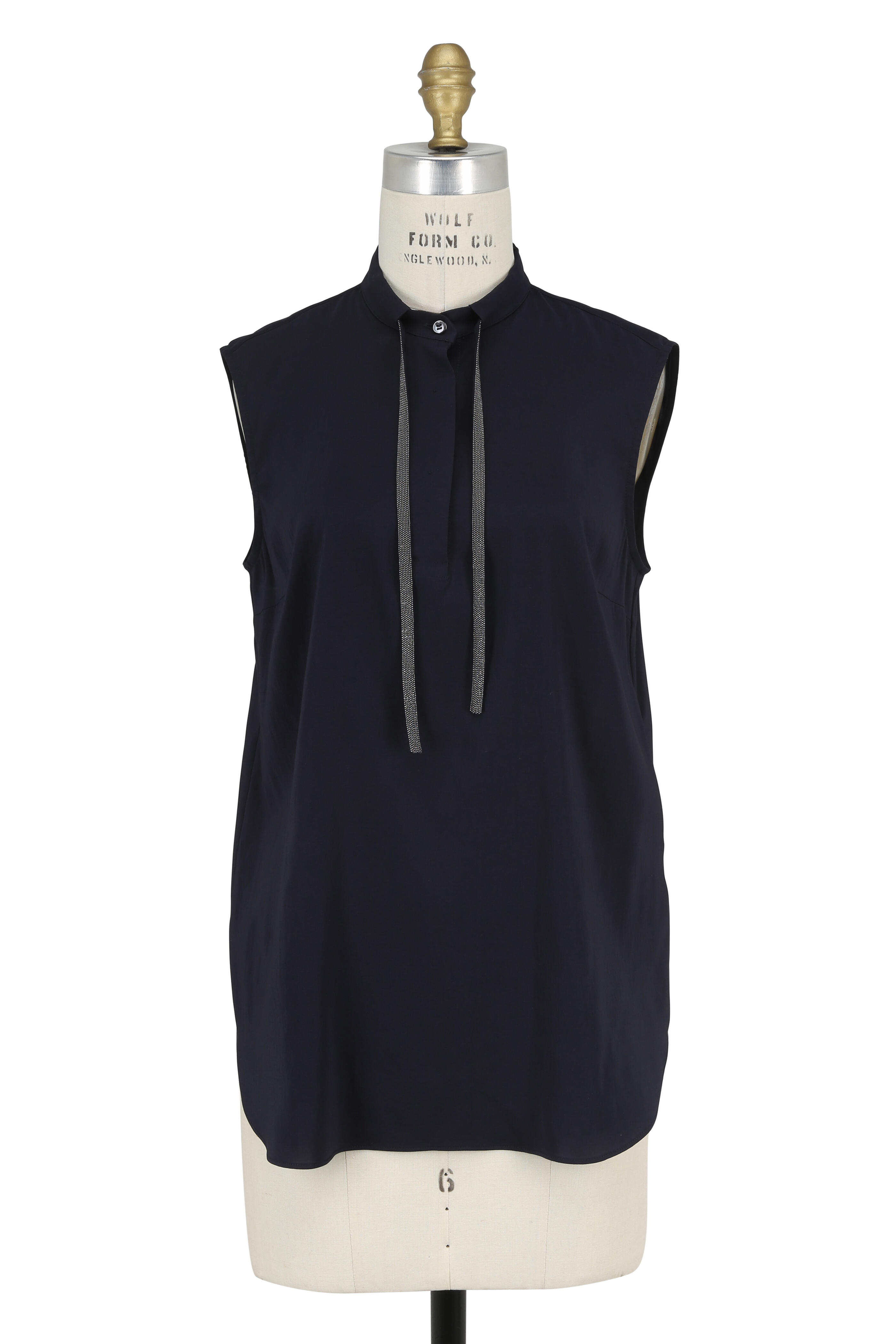 Brunello Cucinelli - Navy Blue Silk Monili Tassel Sleeveless Blouse