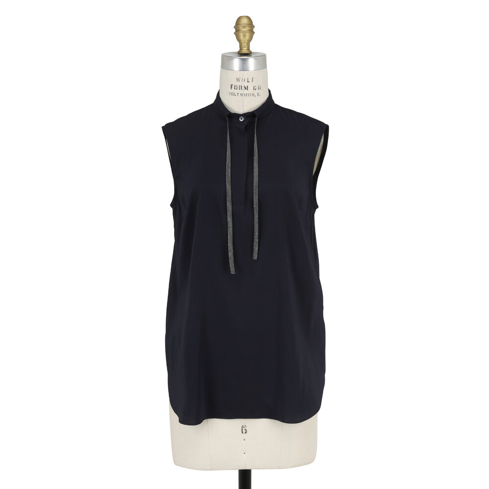Brunello Cucinelli - Navy Blue Silk Monili Tassel Sleeveless Blouse