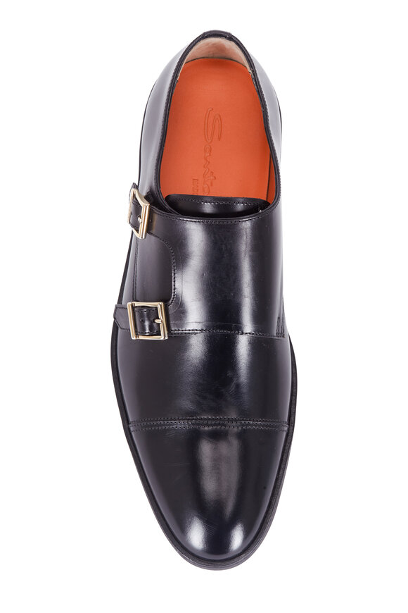 Santoni - Donato Black Leather Cap-Toe Monk Shoe 