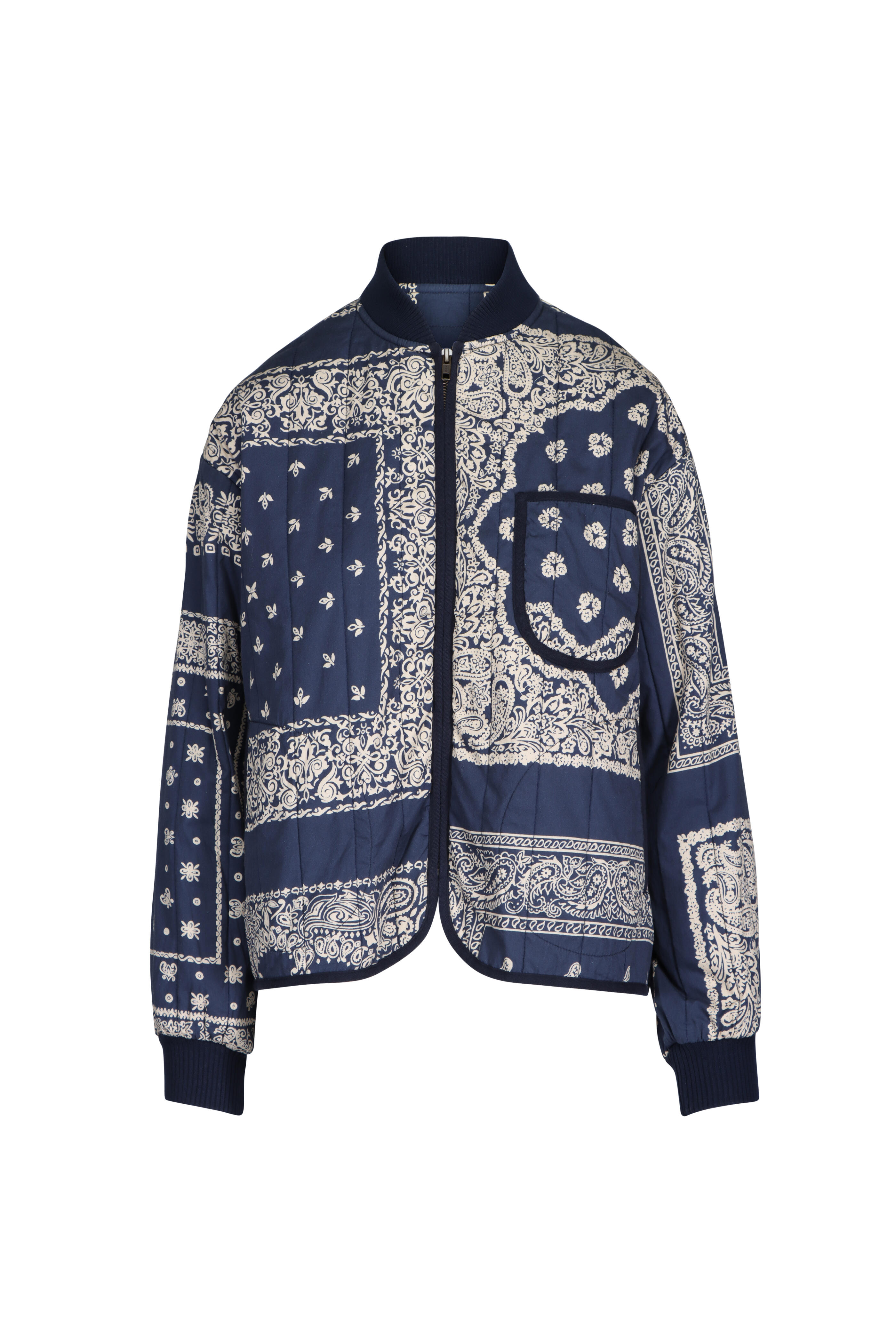 The Great - Navy Bandana Print Quilted Bomber Jacket