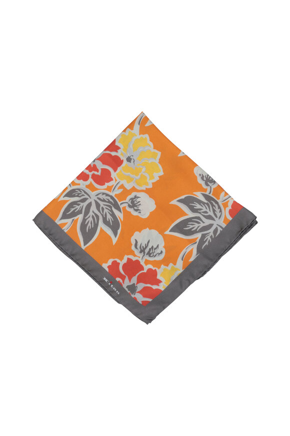 Kiton - Upoche Orange & Gray Floral Silk Pocket Square 