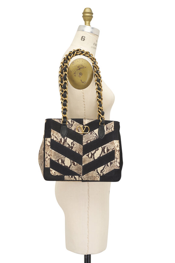 Valentino Garavani Small Python Natural & Black Suede Patchwork Tote - view 6