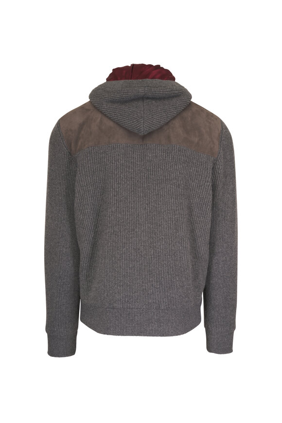 Brunello Cucinelli Charcoal Gray Suede & Cashmere Knit Padded Bomber - view 2