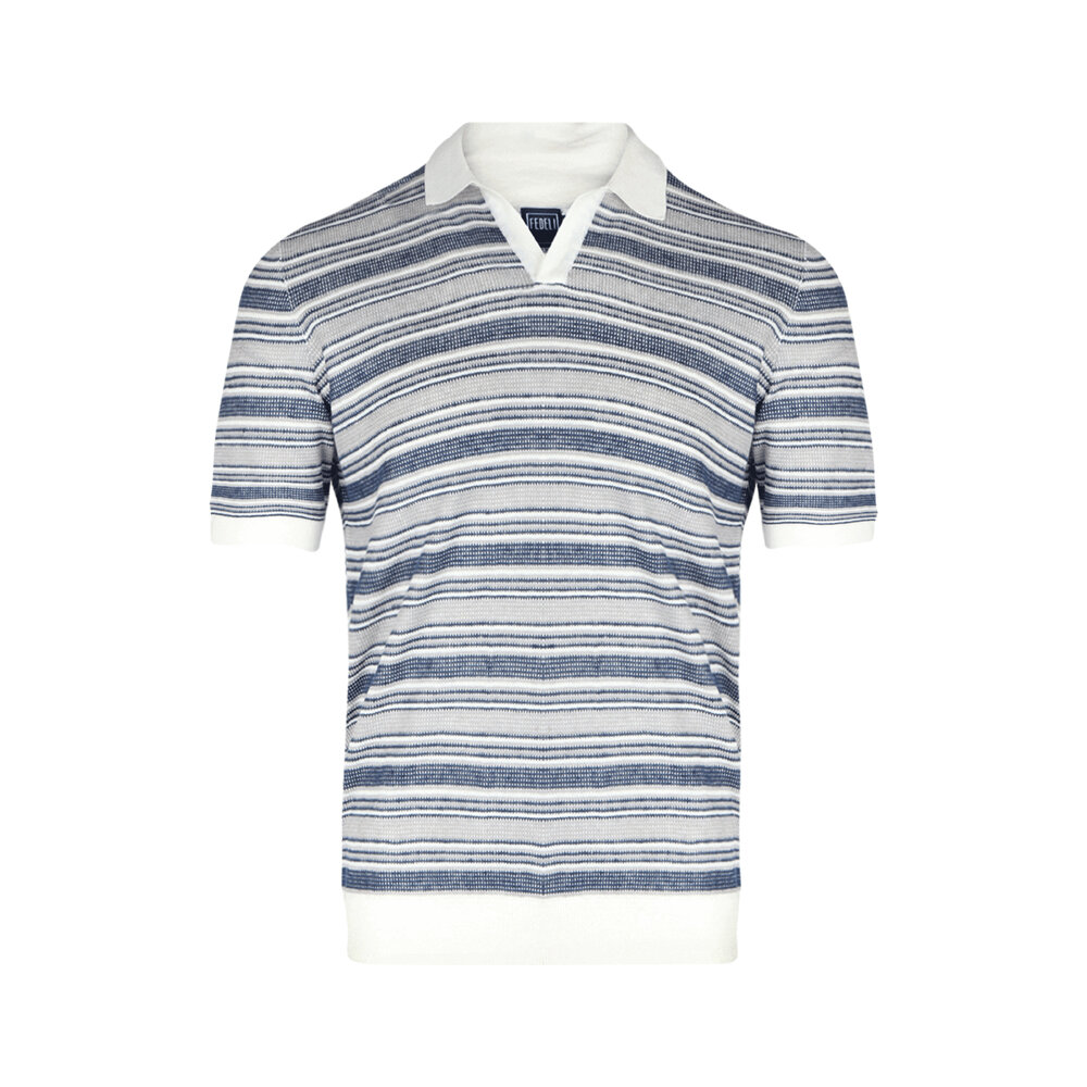 Fedeli - Blue & White Stripe Johnny Collar Polo | Mitchell