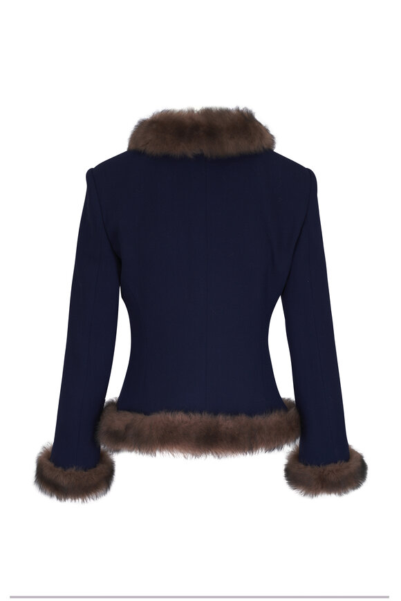 Valentino Navy Blue & Brown Wool Crepe Shearling Jacket - view 3