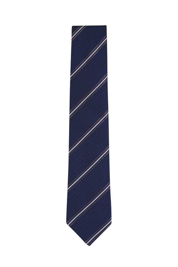 Brioni Navy Blue Stripe Jacquard Silk Necktie - view 1