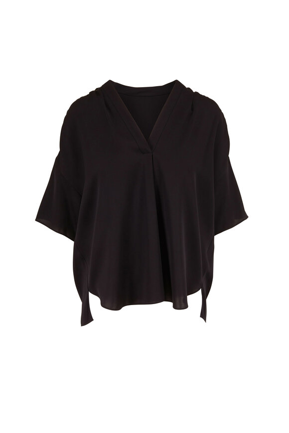 Vince - Black Shirred V-Neck Short Sleeve Blouse