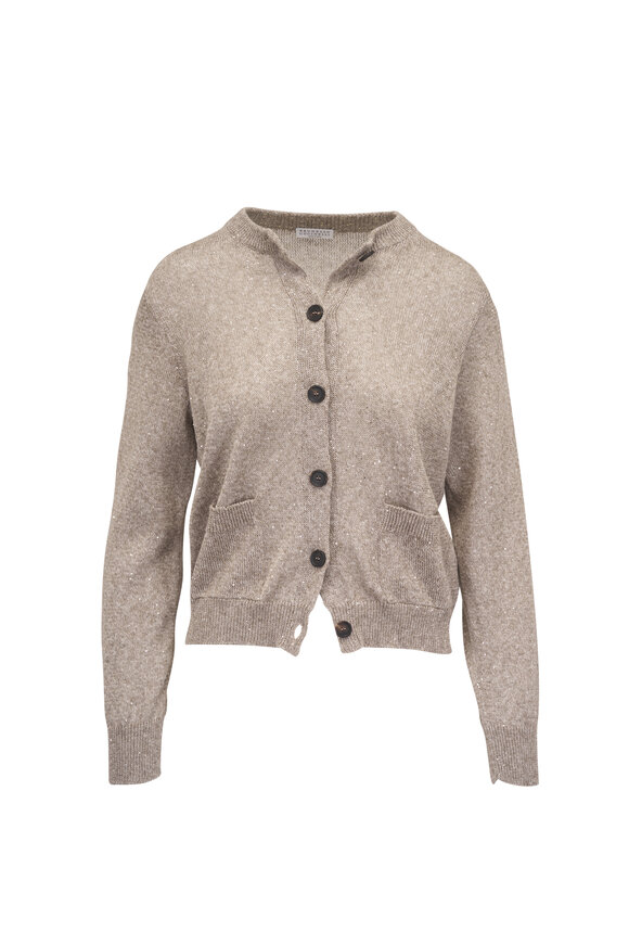 Brunello Cucinelli Mud Linen & Cotton Pailette Cropped Cardigan