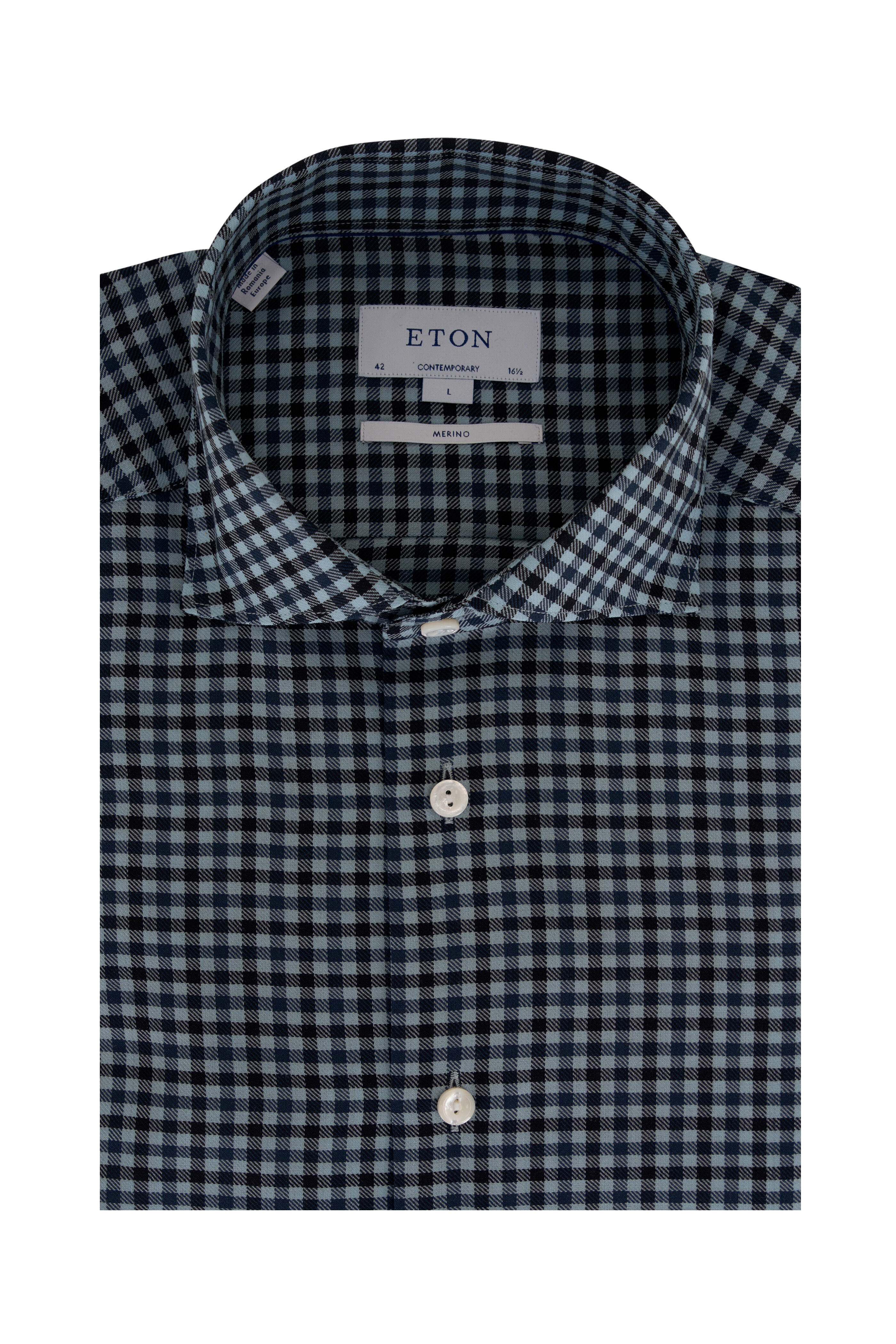 Eton - Dark Blue Check Merino Wool Dress Shirt
