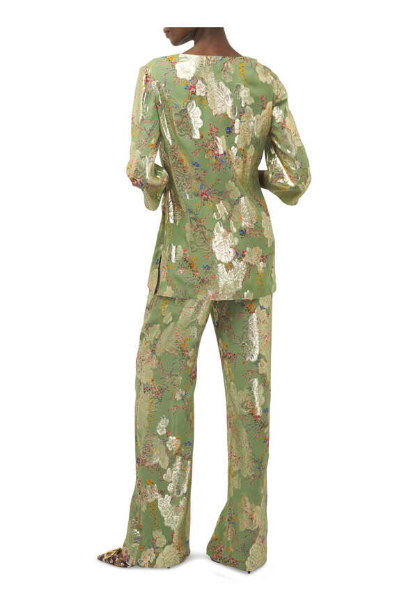 Valentino Green & Gold Lamé Floral Print Fil Coupé Blouse - view 4
