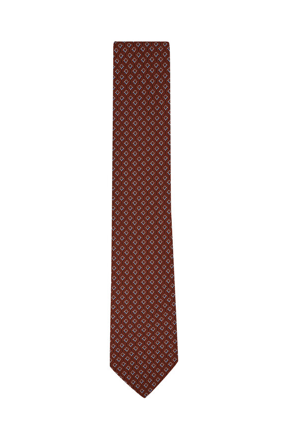 Ferragamo - Brown & Blue Logo Print Silk Necktie