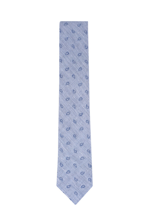Zegna Light Blue Paisley Cotton & Linen Necktie