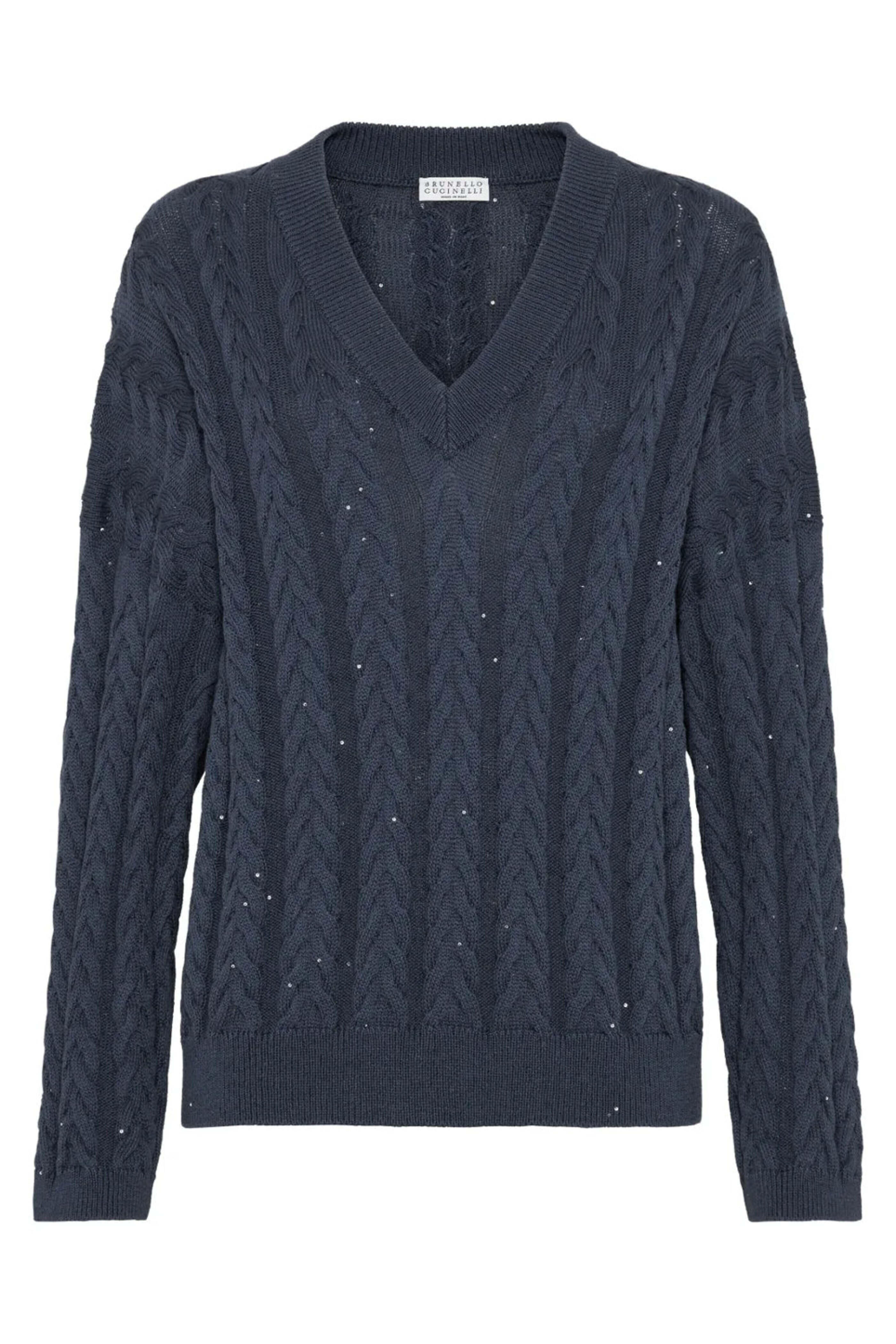 Brunello Cucinelli - Navy Double Cableknit V Neck Sweater