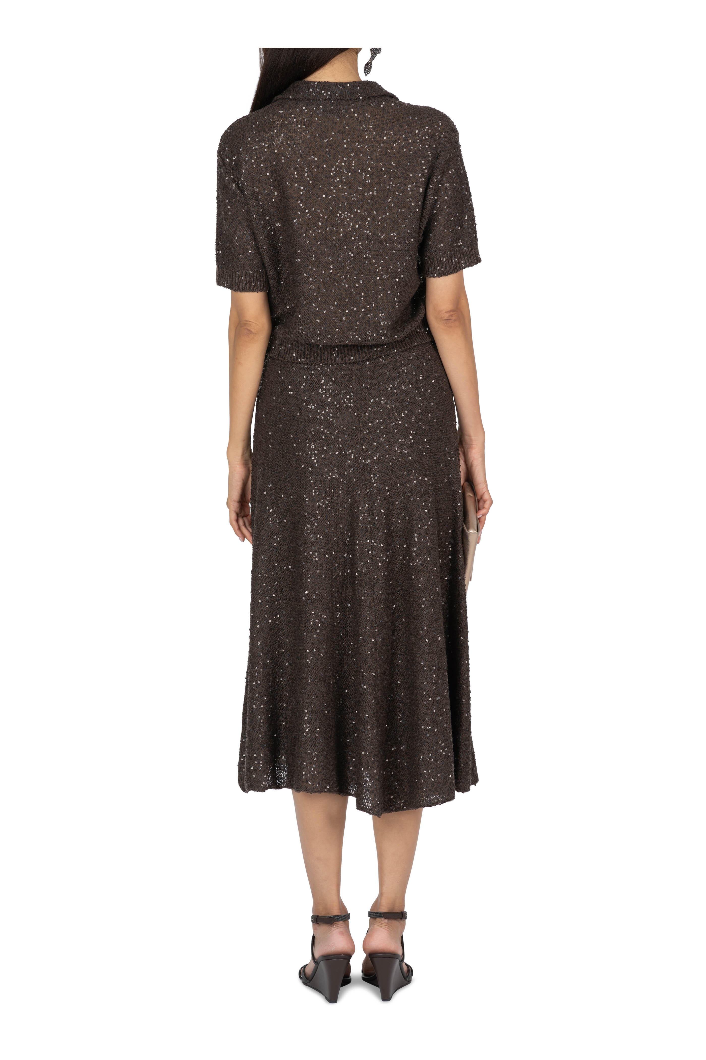 Brunello Cucinelli - Chocolate Linen, Cashmere, & Silk Paillette Skirt