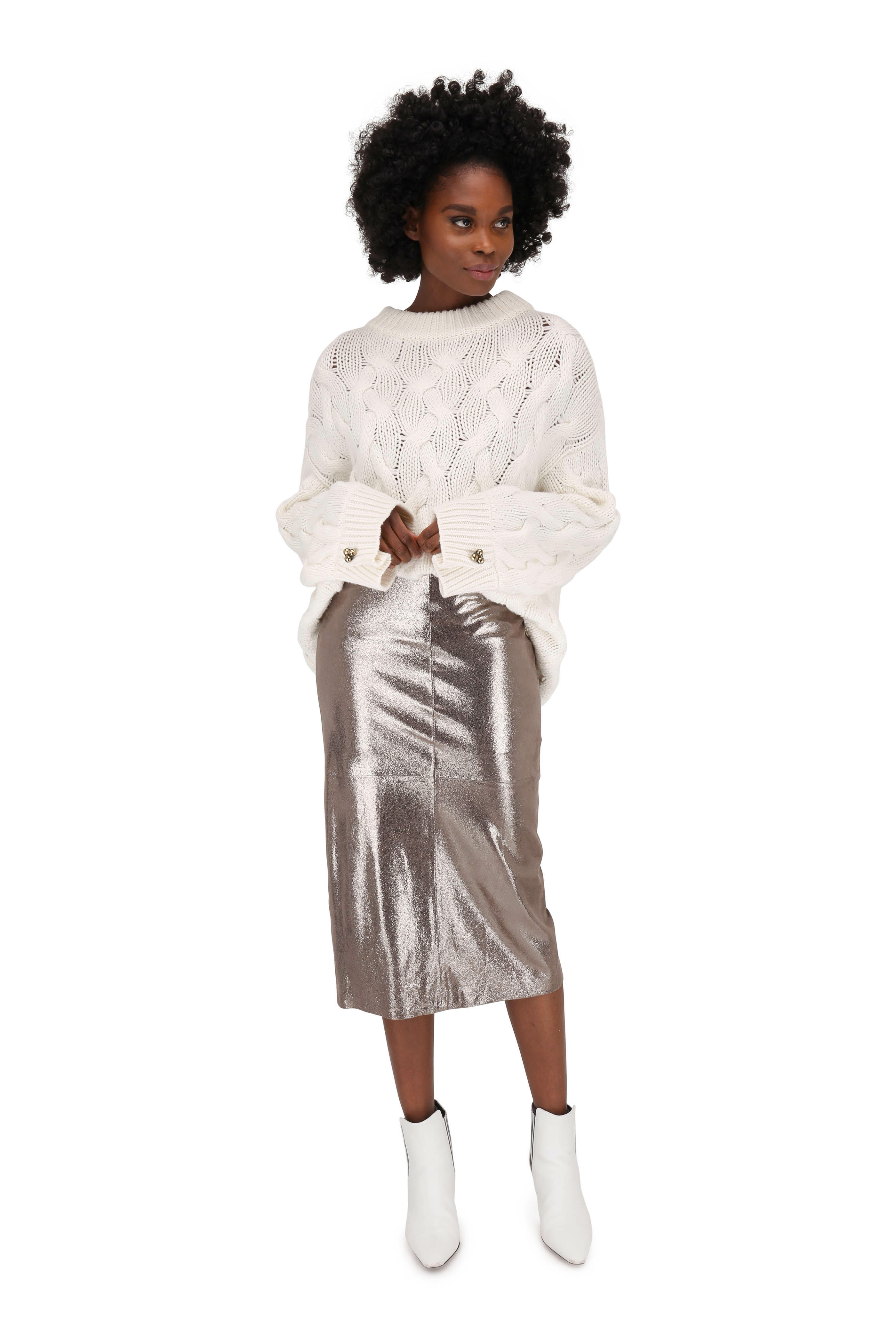 Brunello Cucinelli - Silver Metallic Crackled Leather Skirt