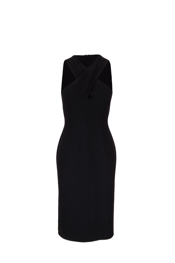 Michael Kors Collection Crossover-Neck Black Boucle Wool Crepe Midi Dress - view 1