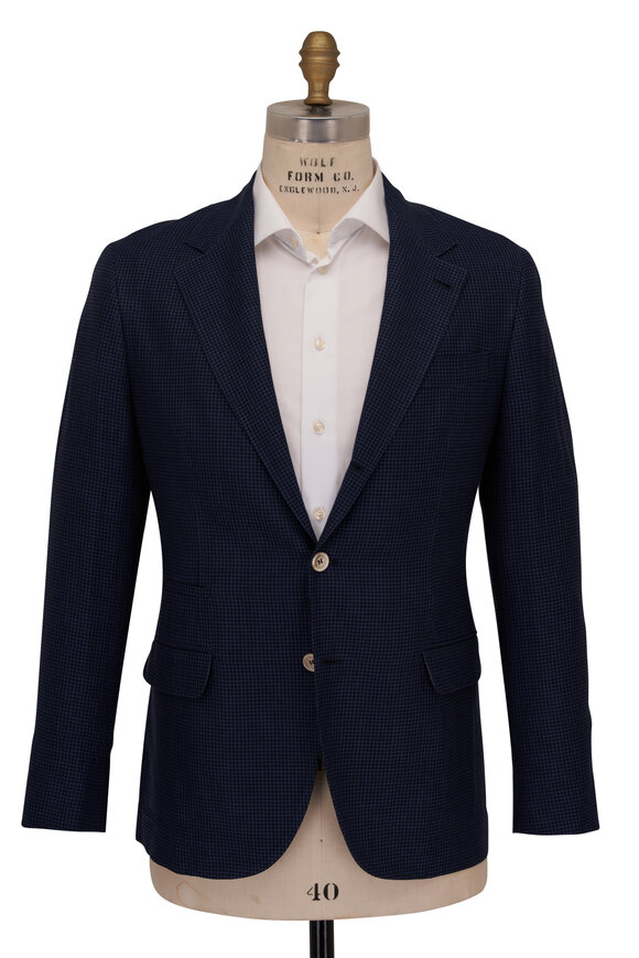 Brunello Cucinelli - Navy Houndstooth Wool, Linen & Silk Sportcoat